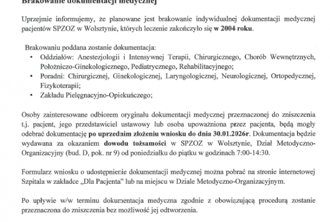 Informacja dotycząca brakowania dokumentacji medycznej z roku 2004