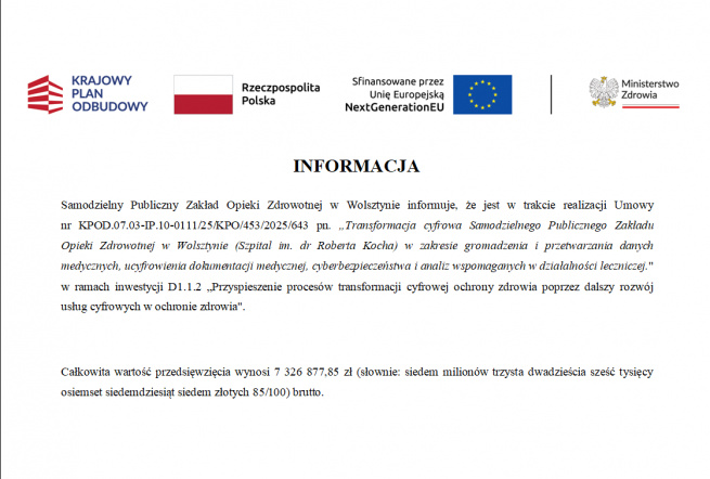 Informacja o realizacji przedsięwzięcia w ramach Krajowego Planu Odbudowy