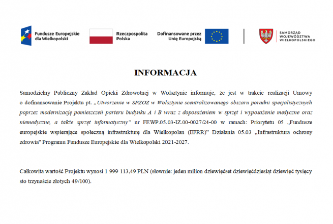 Informacja o realizacji projektu z Funduszy Europejskich i Samorządu Województwa Wielkopolskiego