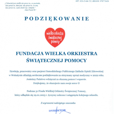 Podziękowanie dla Fundacji WOŚP 