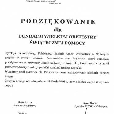  Podziękowanie za otrzymany sprzęt medyczny w 2019 roku